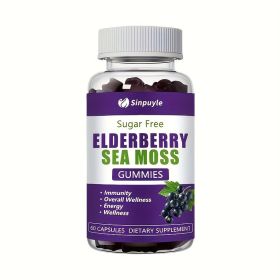 Sugar Free Elderberry Sea Moss Gummies - Immune Support, Daily Wellness & Energy Boost Supplement, 60 Count (Option: 1)